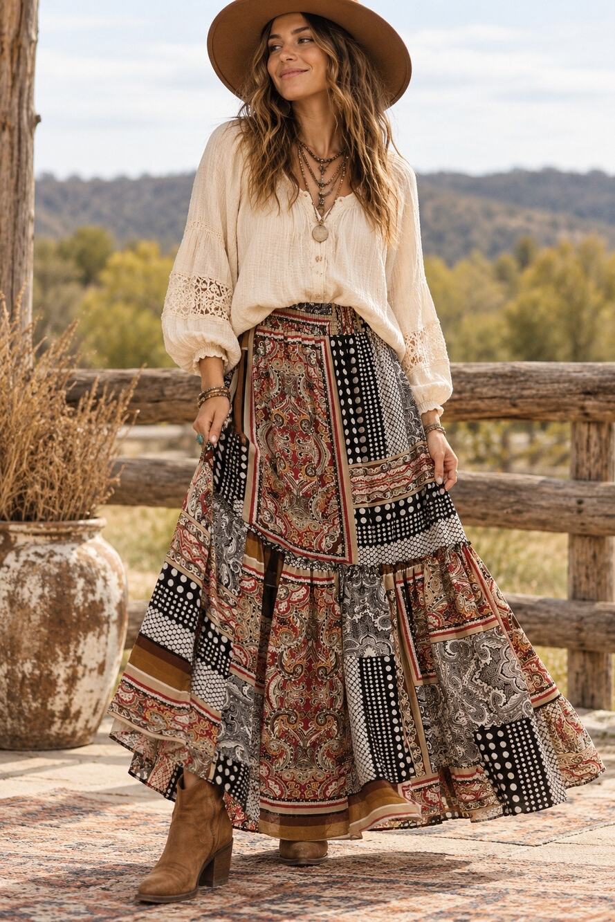 Boston Proper Patchwork Paisley Multi Boho Prairie Maxi Flowy Skirt Women Large